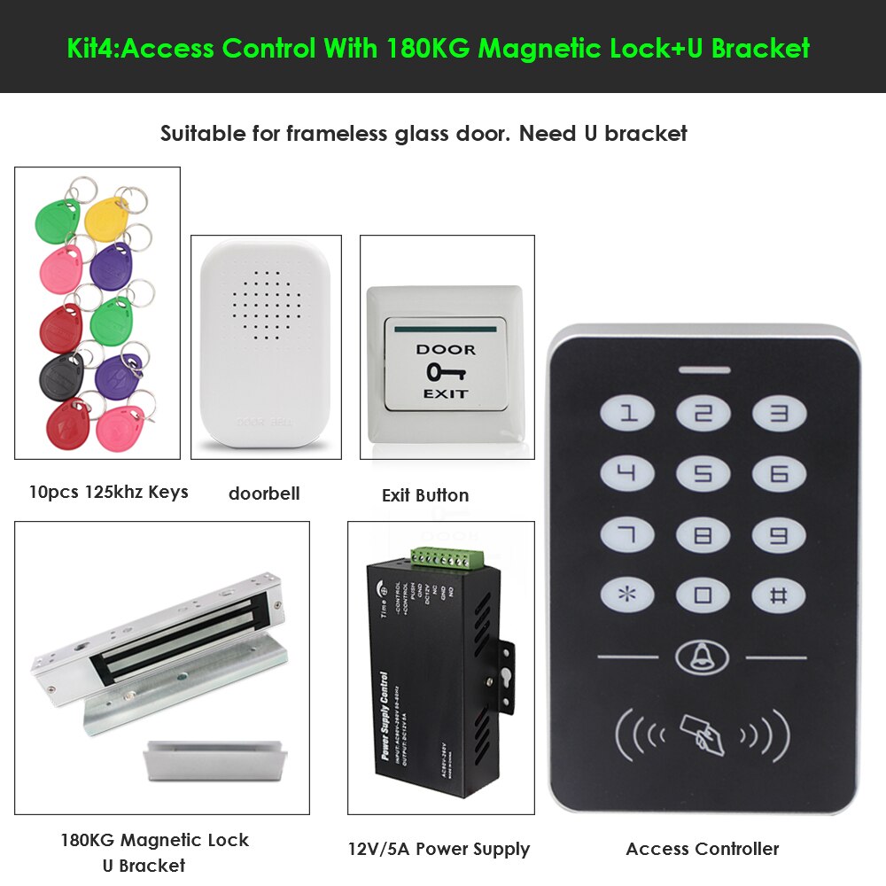 RFID keyboard keys Smart Door Access Control System With 180KG door lock electronic Power Supply Door Access Control System Kit: Kit 4