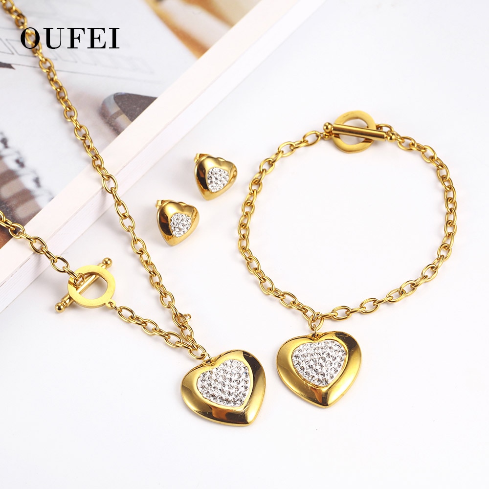 OUFEI-bijoux en acier inoxydable pour femmes, collier et cœur, ensemble de bijoux pour mariage, , , tendance