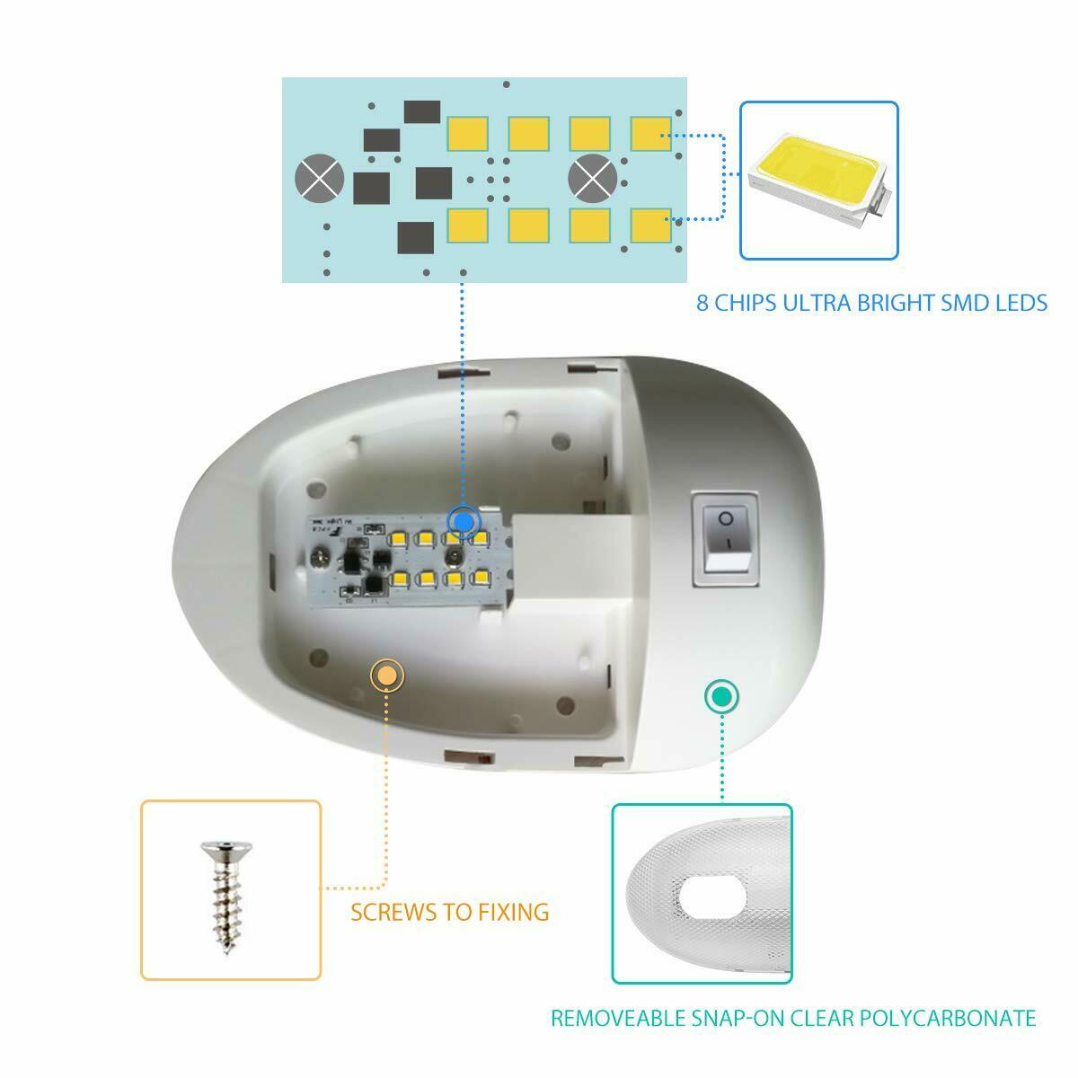 6PCS 12V LED RV Ceiling Dome Light Switch On/Off 4000K White for Campervan Motorhome RV