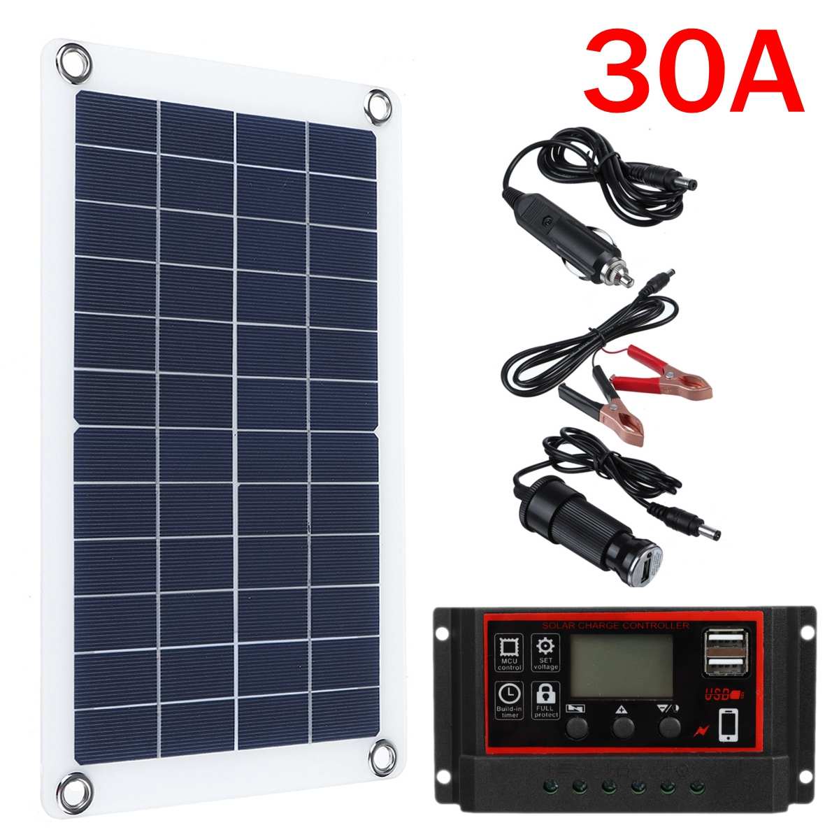 30W 12V 24V Solar Panel with battery Clip+10/20/30 Solar Car Charger Controller Solar Cells Panel for Outdoor Camping Hiking: 30W 30A