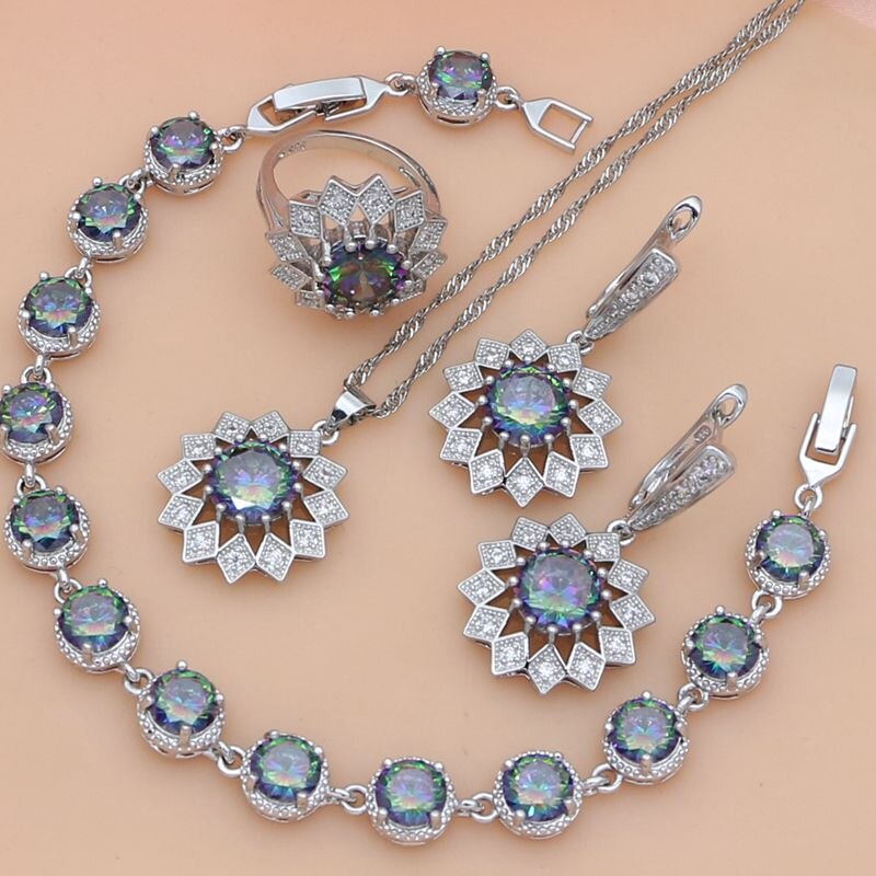Aardbei Mystic Regenboog Zirkoon Zilver 925 Sieraden Set Decoraties Voor Vrouwen Oorbellen/Hanger/Ring/Armband/Ketting set