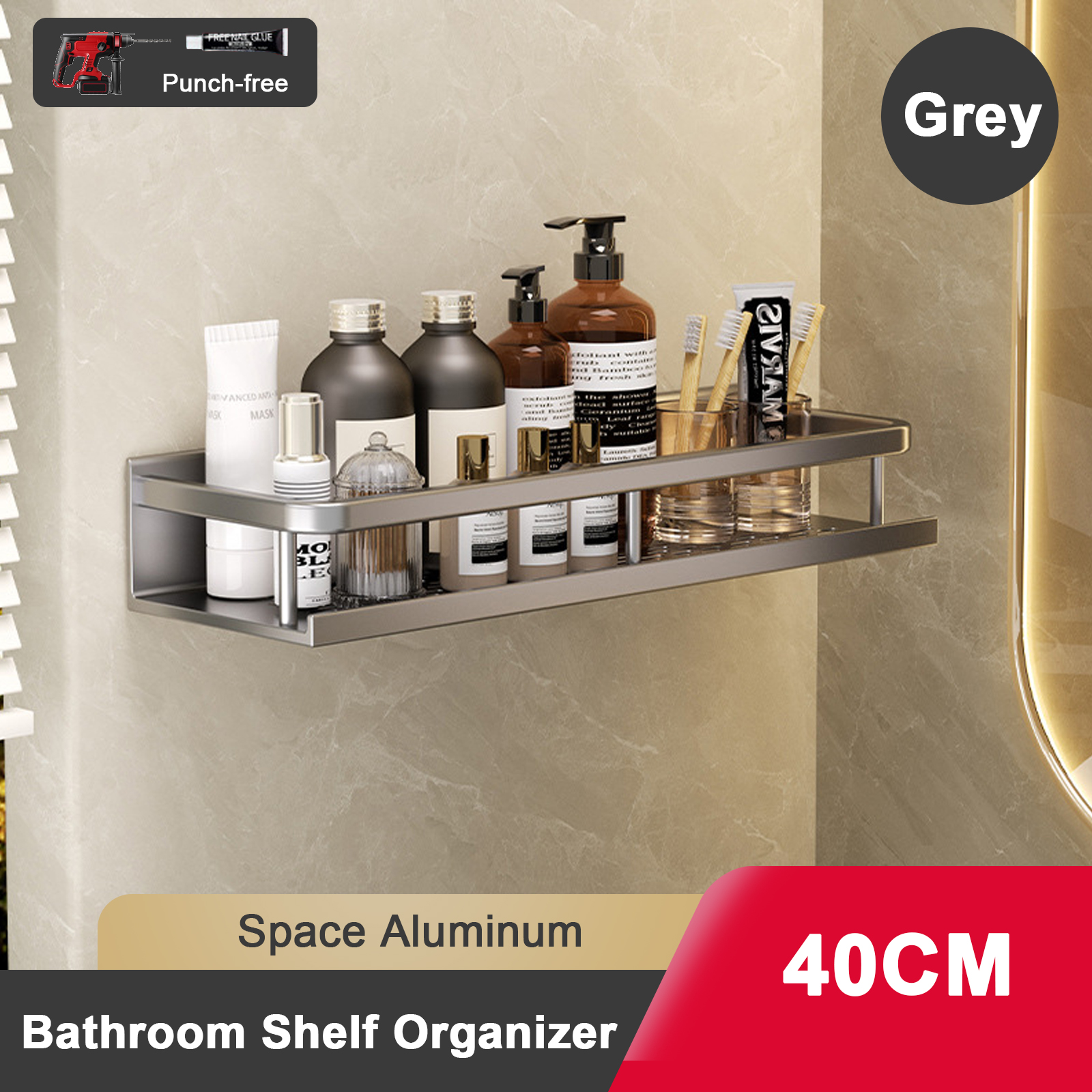 Support de salle de bain sans poinçon, étagère de salle de bain, espace de toilette en aluminium, sans perceuse, support suspendu, organisateur de salle de bain, accrocher au mur: Marron
