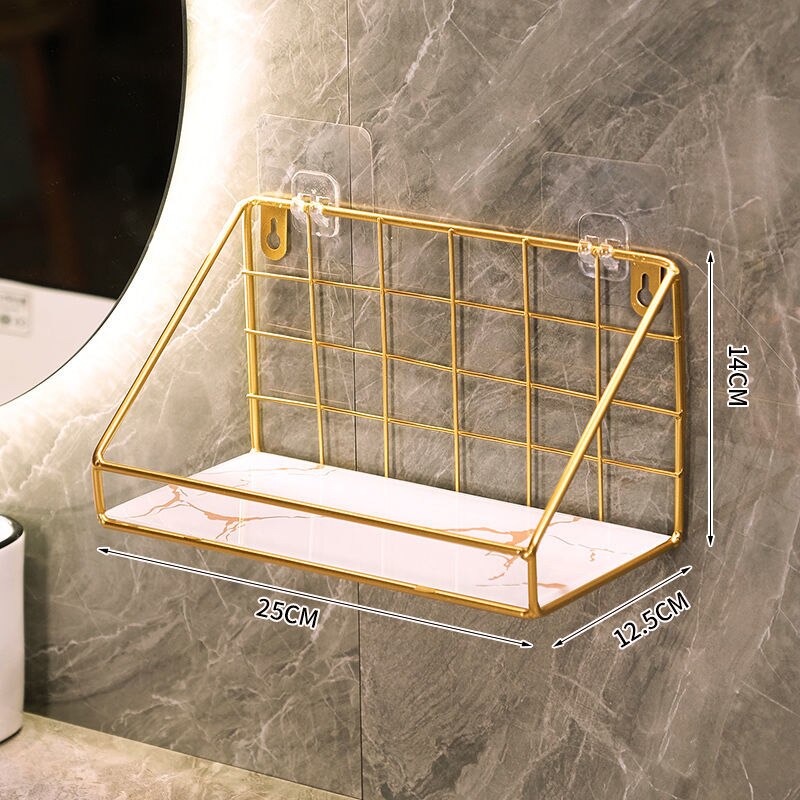 Gold Iron&amp;glass Wall Shelf Organizer Holder Kitchen Supplies Shef Storage Rack Hanging Storage Cabinet Organizer Bathroom Tools: gold white-S