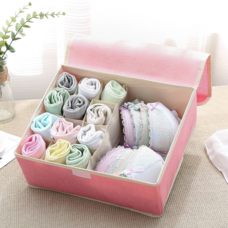 Cajón de almacenamiento de sujetador, organizador de armario, cajas plegables de algodón lavable, caja de acabado de lino portátil con cubierta, ropa interior y calcetines: Pink 13 grid