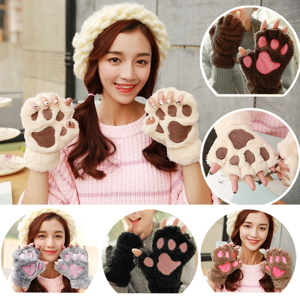 Winter Women Cute Cat Paw Claw Plush Mittens Short Fingerless Finger Half Gloves -Y107