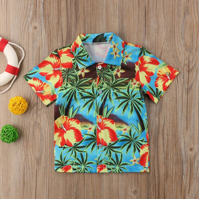 Hawaiian Style Boys Shirts Summer Kids Coconut tree Flowers Print Shirt Casual J