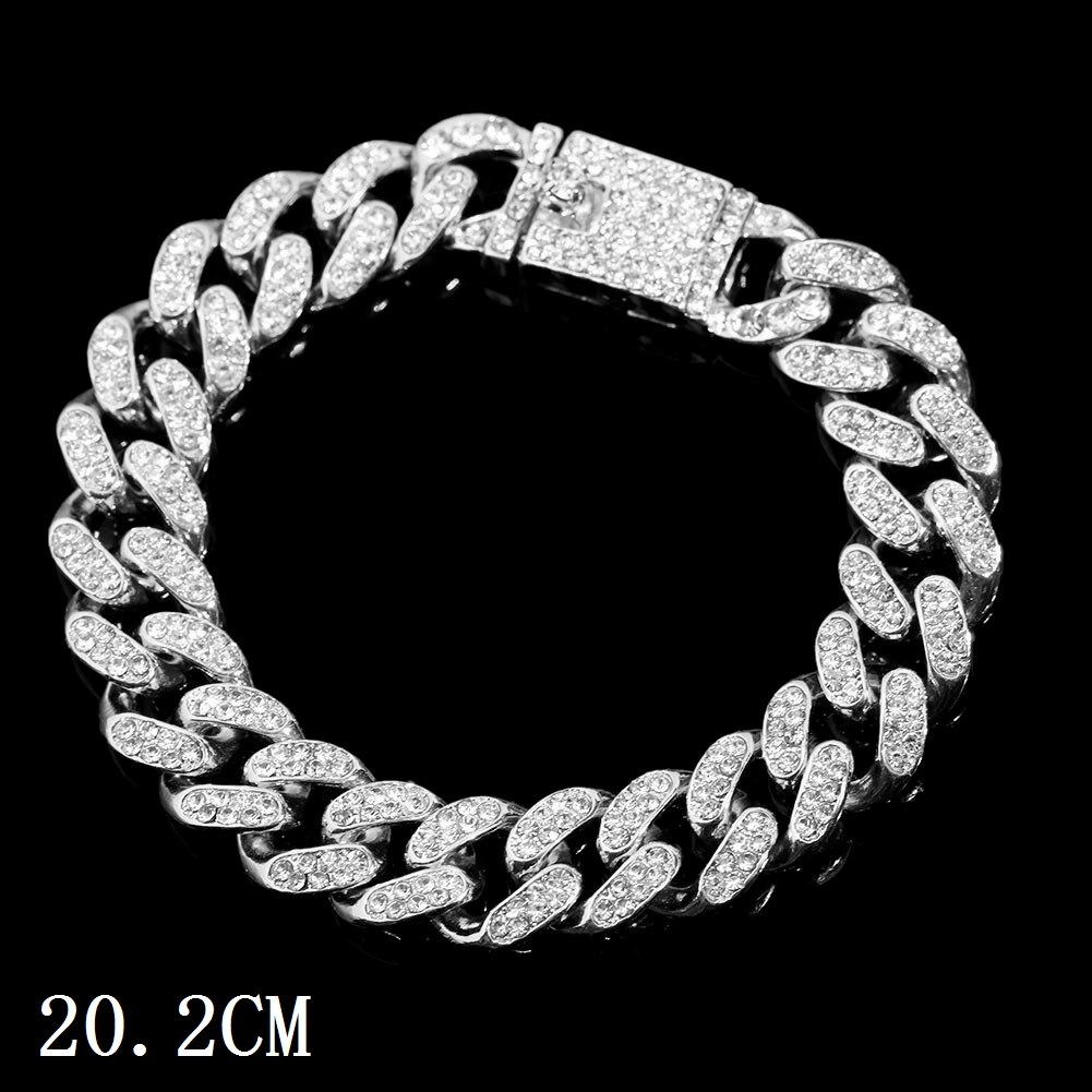 Mode Bling Verharde Rhinestone Prong Cubaanse Ketting Armband Voor Vrouwen Mannen Hip Hop Iced Out Chunky Link Chain Armbanden sieraden: 012702SL