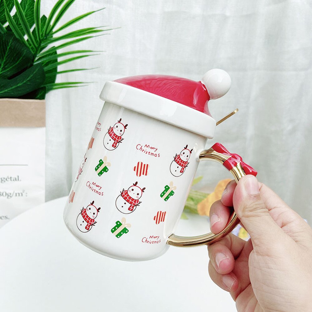 Tapa con forma de sombrero de Navidad, vaso de agua de caballo de cerámica de dibujos animados, oso de muñeco de nieve de Santa Claus con cuchara, taza de café, vasos de , 400ml: D