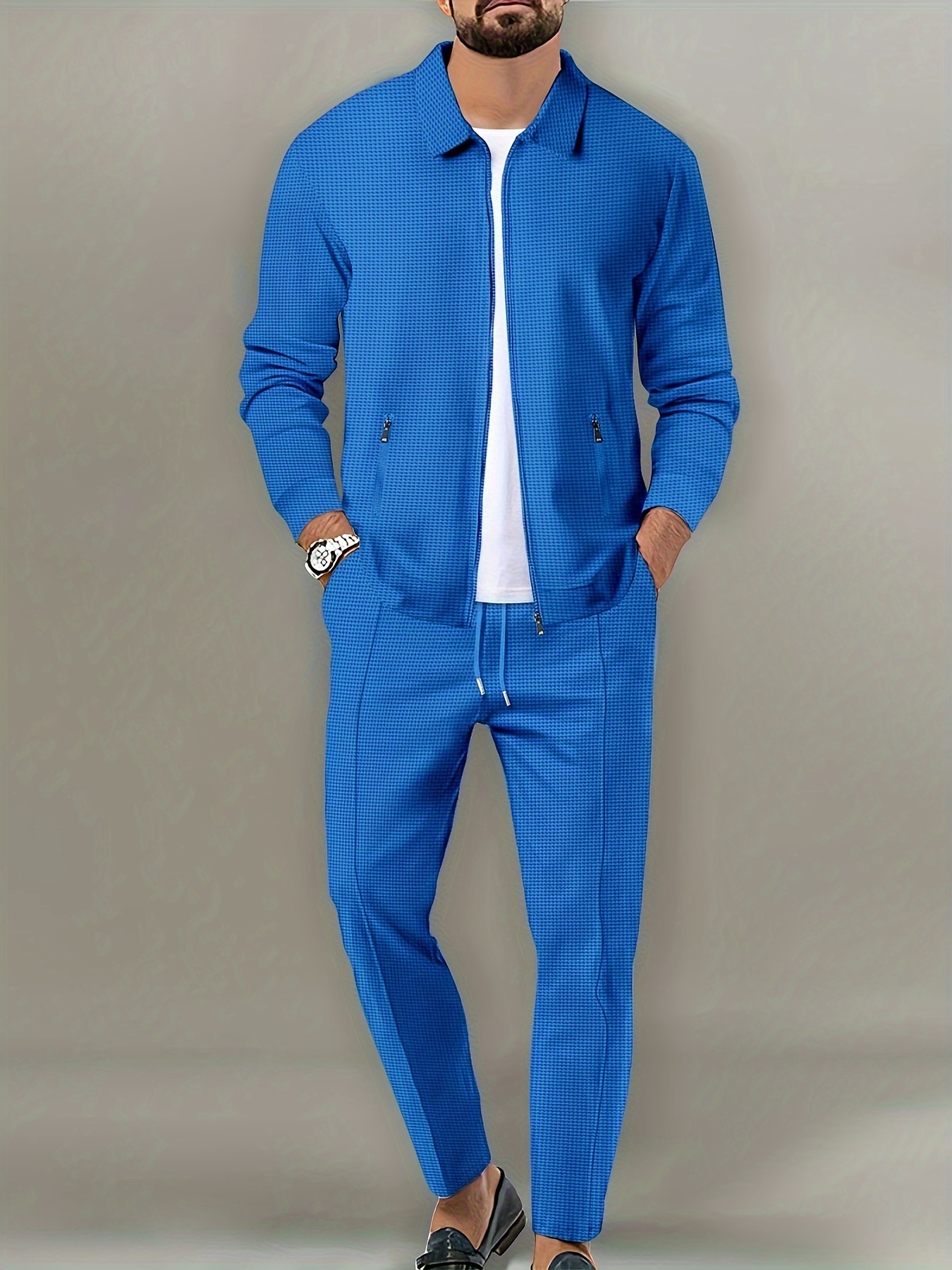 Chaqueta ajustada con bolsillo de cremallera para hombre, ropa deportiva de manga larga, conjunto de chaqueta de cárdigan, pantalones largos, , conjunto de dos piezas: S / Azul