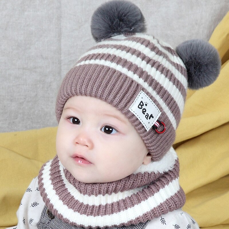 Conjunto de gorro y bufanda para niño y niña, gorro cálido para bebé, gorro tejido a rayas con oso, bufanda, accesorios de invierno, gorrito, Color caramelo: Marrón