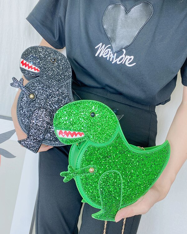 Sac à bandoulière à paillettes en forme de dinosaure pour femmes, sacs à main avec chaîne, pochette décontractée en cuir Pu