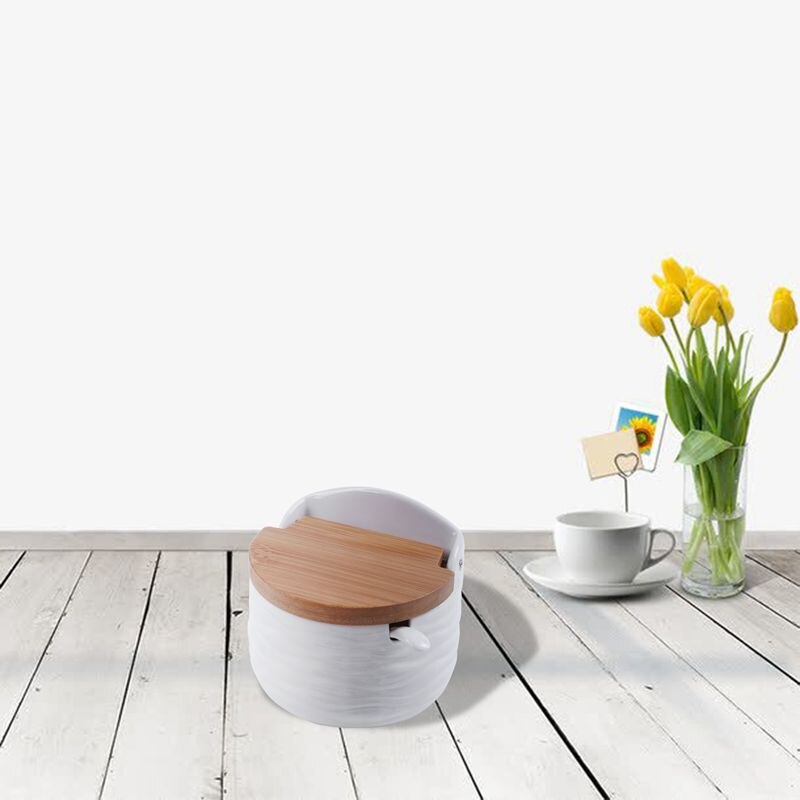 Sucrier, sucrier en céramique avec cuillère à sucre et couvercle en bambou pour la maison et la cuisine moderne, blanc, 8.58 FLOZ (254 ML)