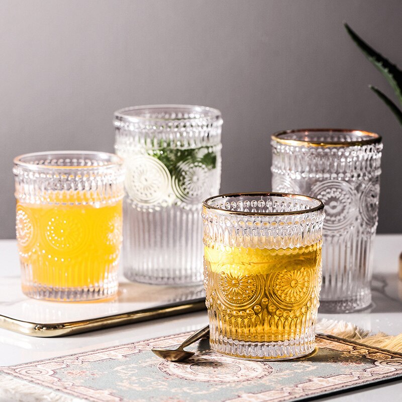 Retro Sun Flower Gold Rim Glass Water Cup Transparent Coffee Glass Cup Heat-resistant Milk Juice Tea Cup Drinkware Print Home