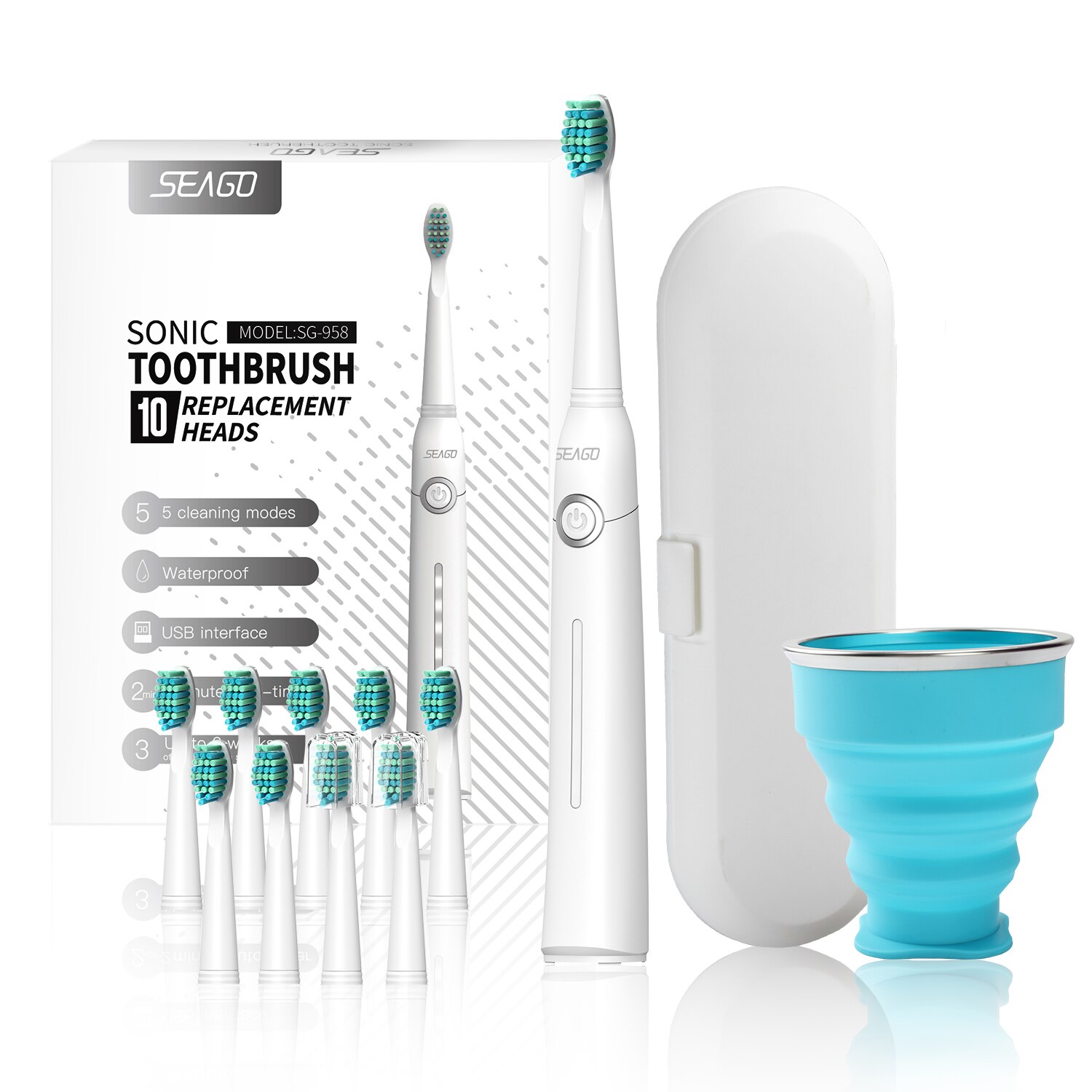 Seago Sonic Electric Toothbrush Tooth brush USB Rechargeable adult Waterproof Ultrasonic automatic 5 Mode with Travel case: white 10head box cup