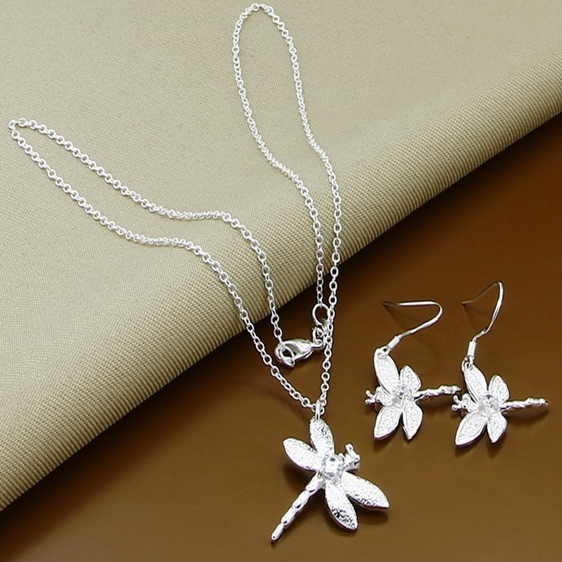 Aankomst Zilver 925 Sieraden Sets Eenvoudige Insect Dragonfly Ketting Oorbellen Set Wedding Party Sieraden