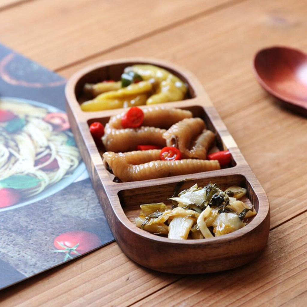 Divided Serving Tray Wooden Snacks Dish Tray For Home Kitchen Dining Room