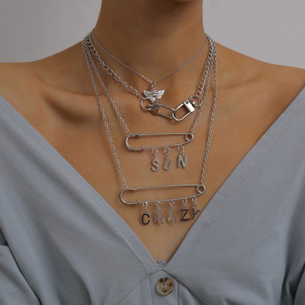 Lacteo 4 Stks/set Gothic Dubbele Paperclip Choker Ketting Punk 4 Gelaagde Angel Brief Hanger Ketting Sieraden Mannen En vrouwen