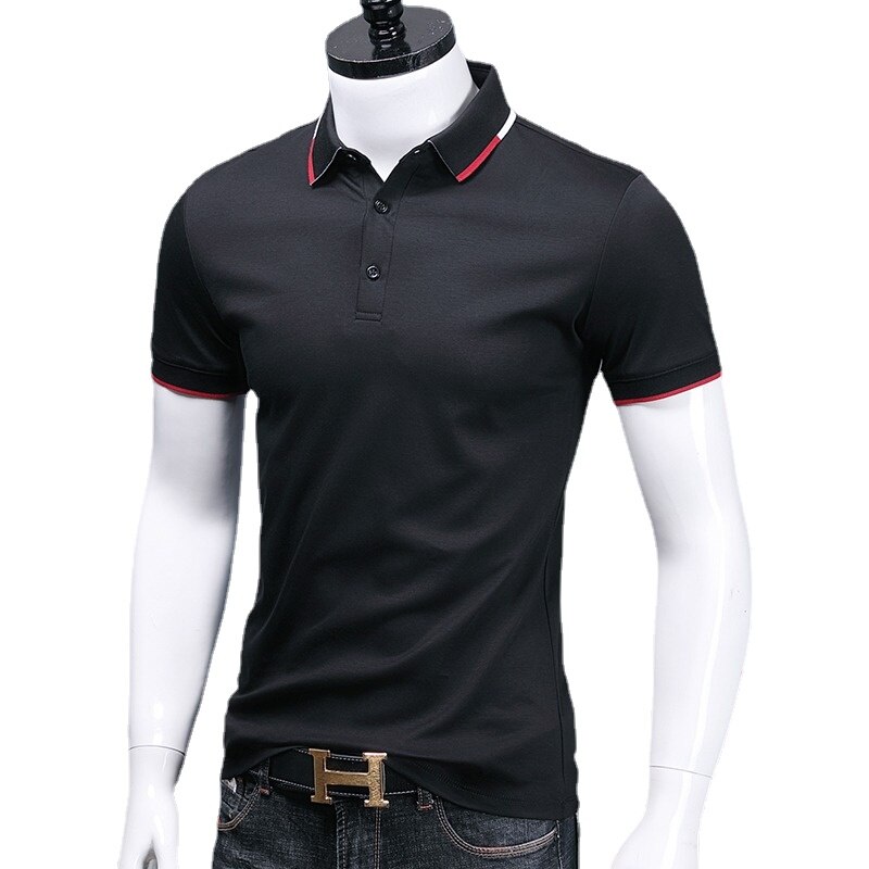 2022 Summer Polo Shirts Men Business Casual Black Slim Fit Short Sleeve Polos Double Mercerized Cotton Tops