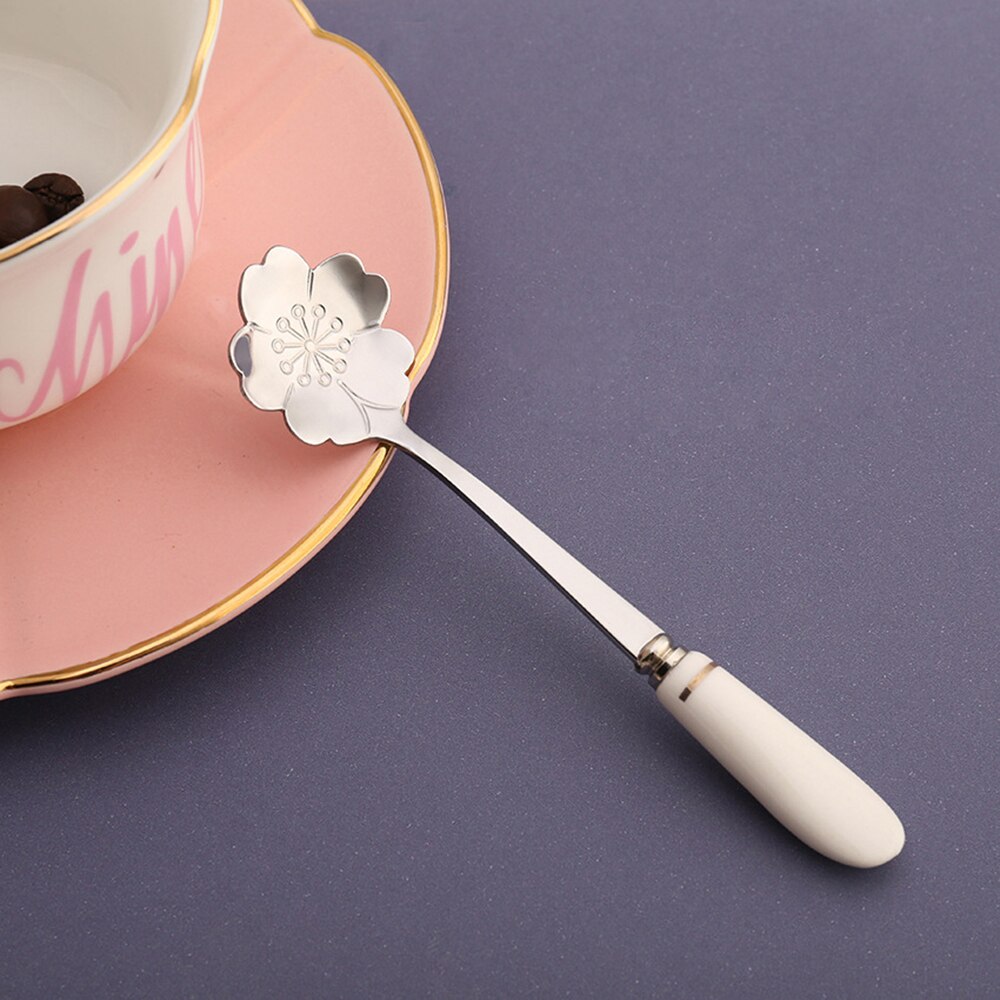 Flower Shape Spoon Ceramic Handle Stainless Steel Tea Coffee Spoon Teaspoons Coffee Stirring Spoon Coffee Accessorie Tableware: 2