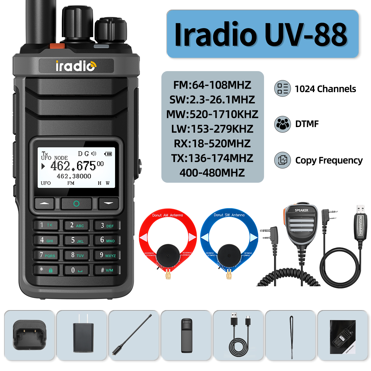Iradio UV-88 Walkie Talkie Shortwave Radio Multi Band HF CB SSB AM Type-C DTMF LSB CW LW MW SW 1024 Channels