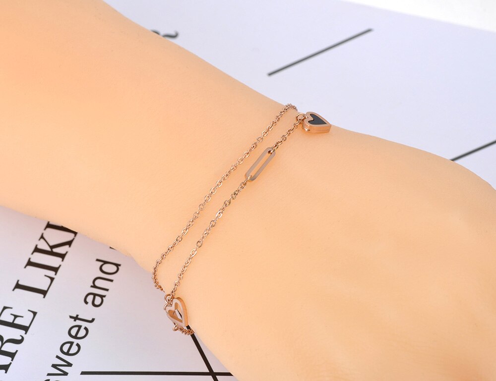 Lokaer Bohemen Rvs Double Layer Hart Charme Armbanden Voor Vrouwen Trendy Cz Crystal Chain Link Sieraden B20109