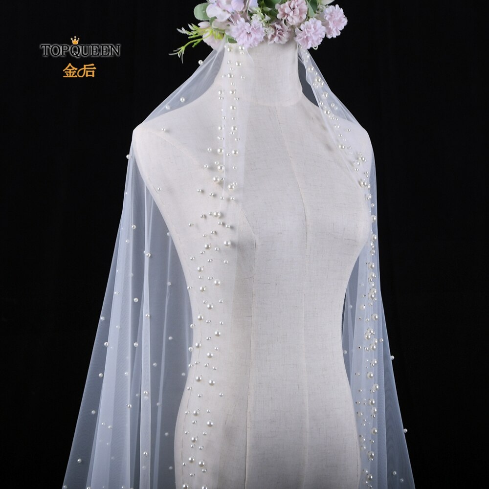 TOPQUEEN V66 Luxury Bridal Veil with Pearls Cathedral Veil Bride 3 Meters Spanish Mantilla Church's Veil Ivory Wedding Long Veil