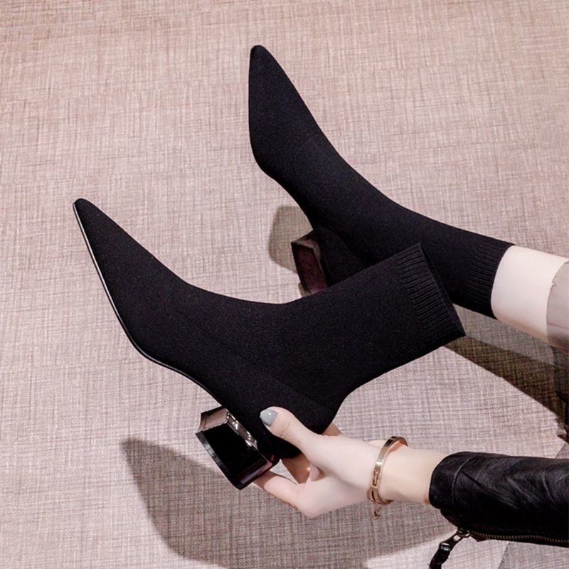 Botas finas de tacón alto para mujer, botines cortos de tacón medio puntiagudos, calcetines de punto, botas de tacón grueso para Otoño e Invierno