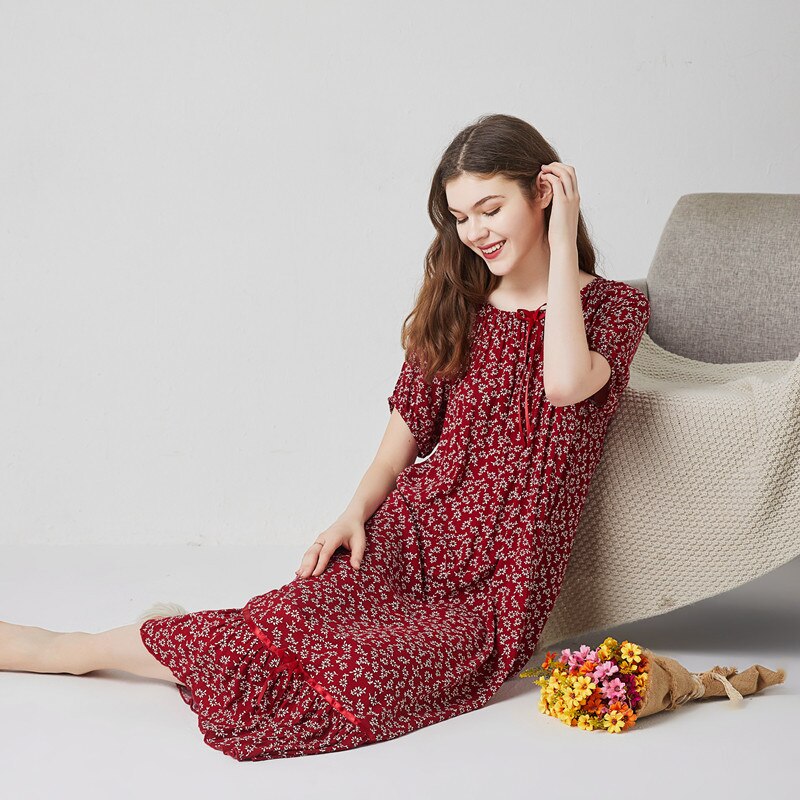 Nacht Jurk Vrouwen Plus Vet Size Katoen Nachthemd Casual Zomer Lange Jurk Losse Vrouwelijke Nachtkleding Print Korte Mouw Nachtjapon: wine red / L