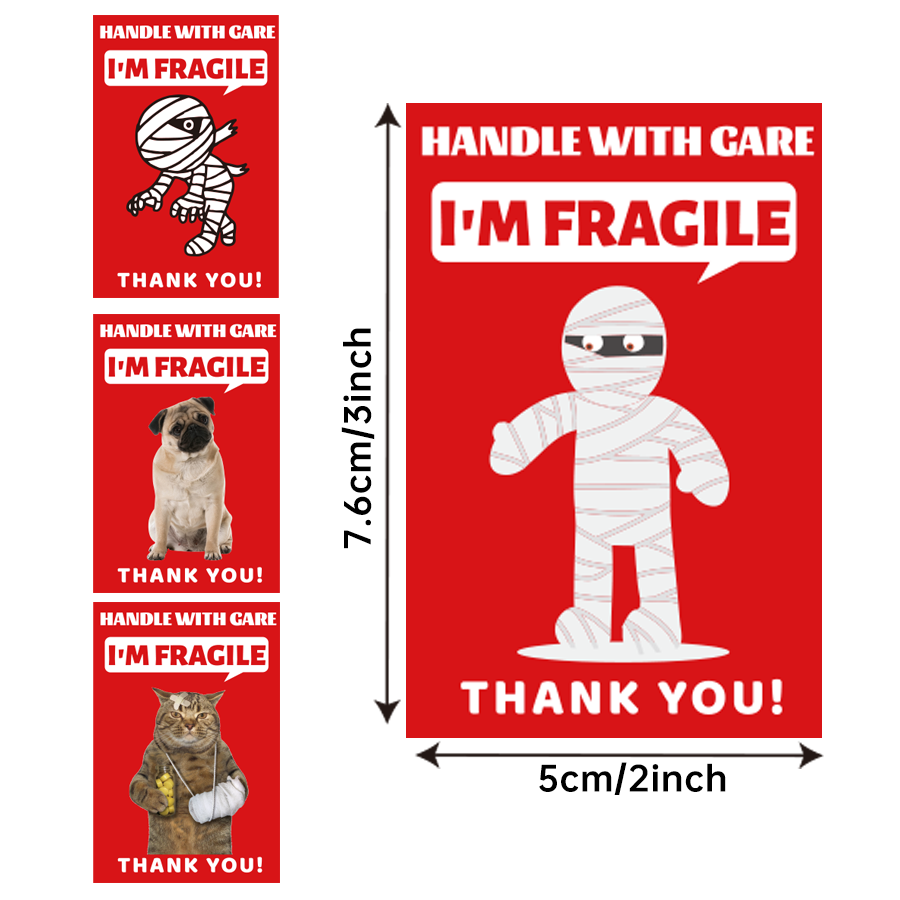200 PCS Funny Fragile Stickers - 4 Designs (Dog, Cat, Mummy), 3x2 Inches Permanent Adhesive Labels for , Moving, Glass