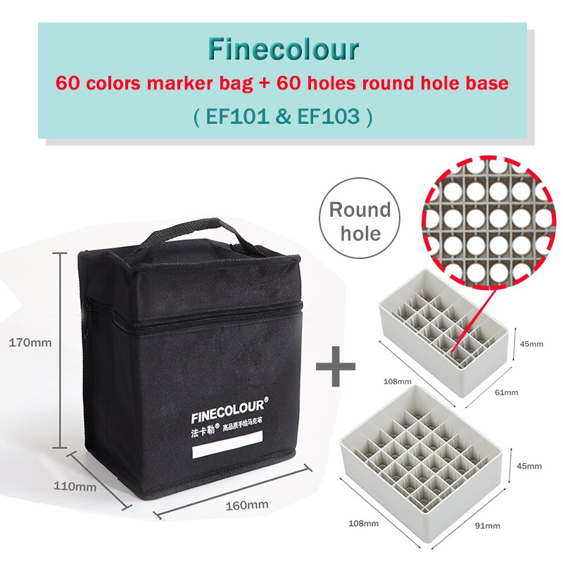 Finecolour Marker Pens Storage Bag &amp; Base 12/24/36 Holes EF100/101/102/103 Zipper Bag Multifunctional Base Penholder Ink Base: Bag60-60holes-R-Base
