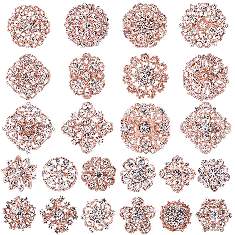 Weimbeiingdian conjunto de broches de flores misturadas, lotes de preço de fábrica com 24 peças para buquê de casamento diy, kits de acessórios: Rose Gold Clear