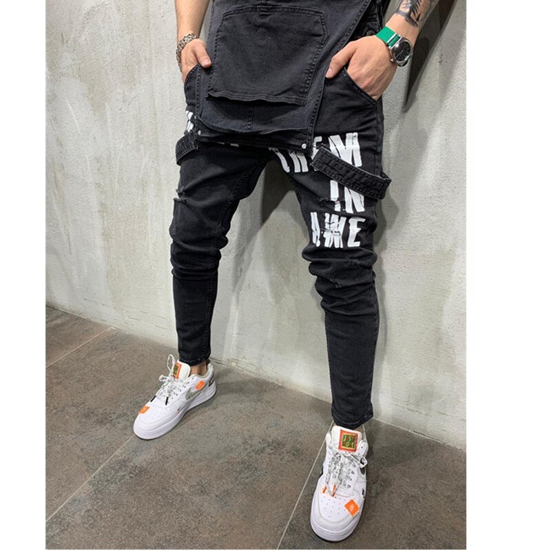 Homme déchiré jean imprimé lettres combinaisons rue en détresse Denim style britannique salopette à bretelles homme jarretelle pantalon travail vêtements