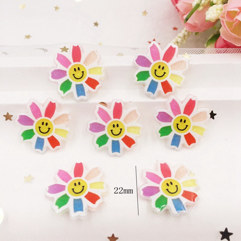 Kawaii Smile Colorful Glitter Sunflower Flat Back Acrylic Sheet Miniature Pattern Applique DIY Wedding Christmas G05: 22mm 10pcs
