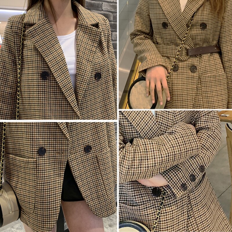 Aelegantmis-costume Vintage pour femme, Blazer à carreaux longs, vêtements d'extérieur d'affaires avec ceinture, Style anglais, printemps automne