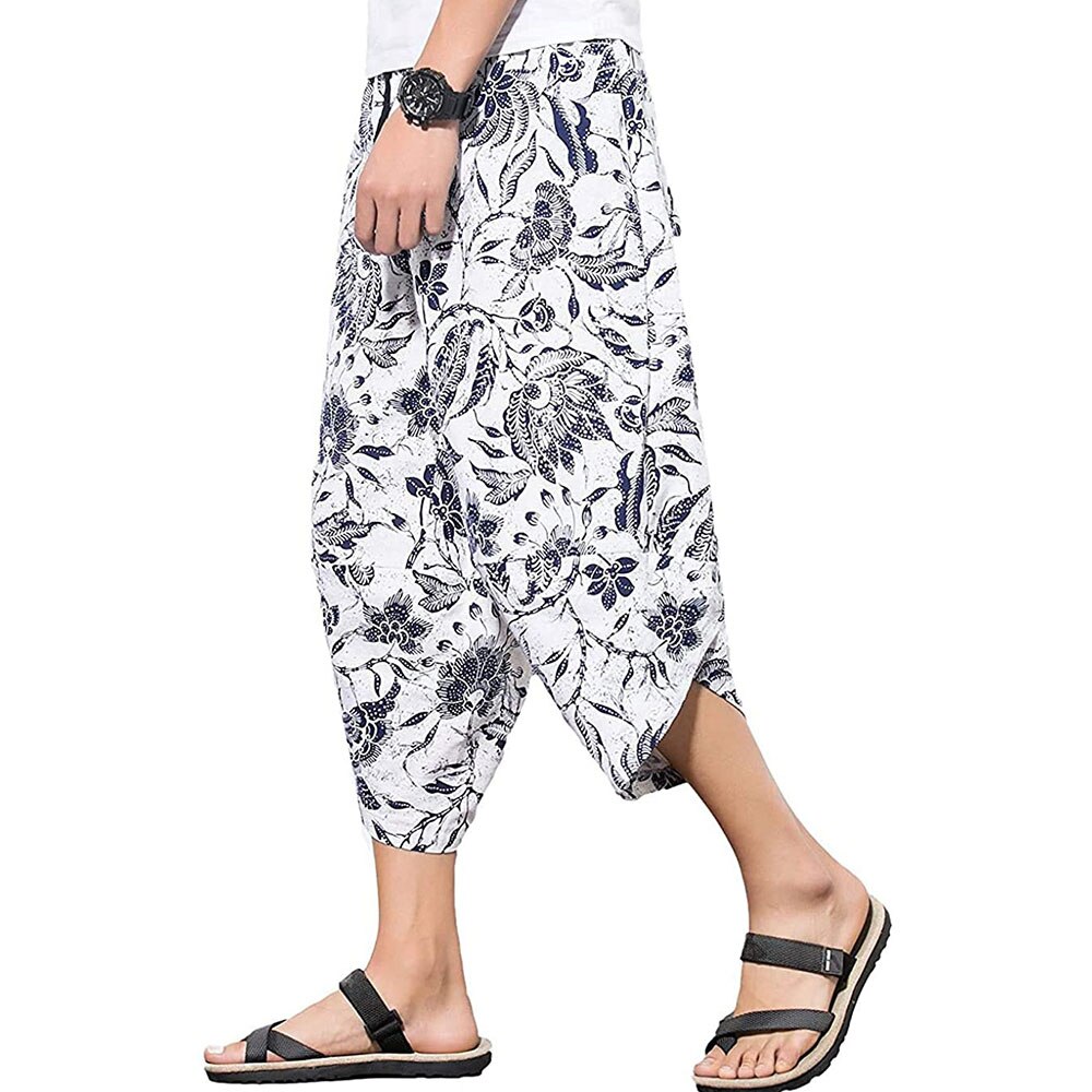 Men's Harem Capri Pants, Wide Leg Mens Capris, Summer Linen Pants,Comprehensive Training Sport Pants: 5XL / 2