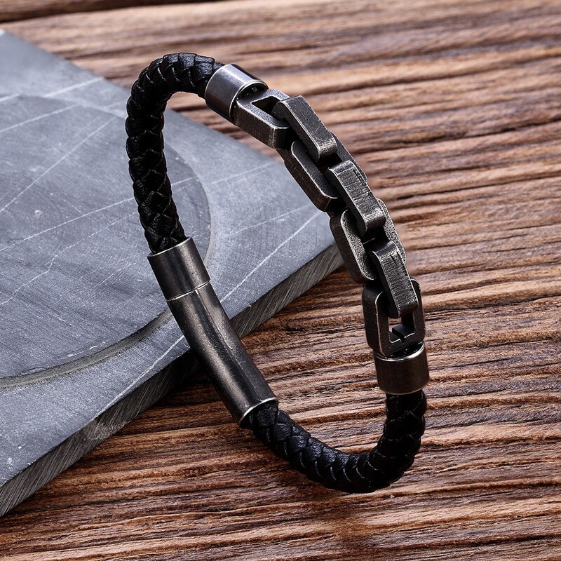 Punk Brushed Bike Chain Leather Bracelet Oxidized Dark Bicycle Chain Men Bracelet Male 316L Stainless Steel Hand Chain: B1093-3 / 23cm