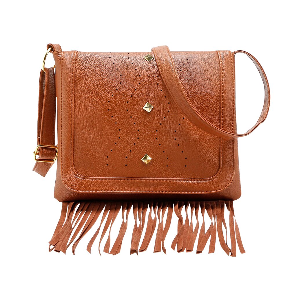 Vintage dames schoudertas met kwastjes, hol, retro, pu-leer, effen kleur, reistassen voor dames: Bruin