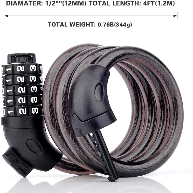 Bike Lock with Mounting Bracket 1.2M Bike Cable Self Coiling 5-Digit Resettable Combination Bicycle Lock Cable for Bicycle Motor