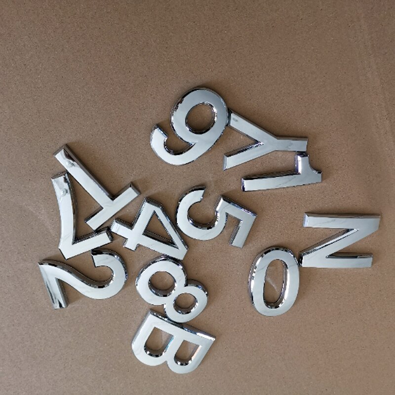 5 cm, 3D brief van het alfabet en digitale nummerplaat Plaque Aanmelden Sticker Met zelfklevende voor deur, zilveren Plaque Nummer