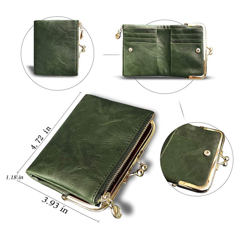 Vrouwen Portemonnee Korte Bifold Retro Multifunctionele Portemonnee Met Zip En Kus Lock Groene Pu Leer Vrouwelijke Korte Portemonnees