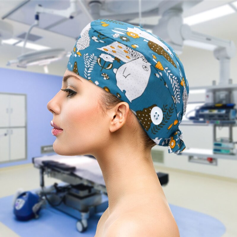 Scrub Cap Pattern Nursing Work Hat Veterinarian Women Men 100% Cotton Tie Back Washable Beautician Chef Skull Cap