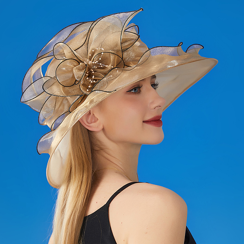 Chapéu de aba larga de organza vintage para mulheres novo vestido de igreja chapéu de casamento de noiva malha floral chapéu de sol festa praia bonés: Cáqui