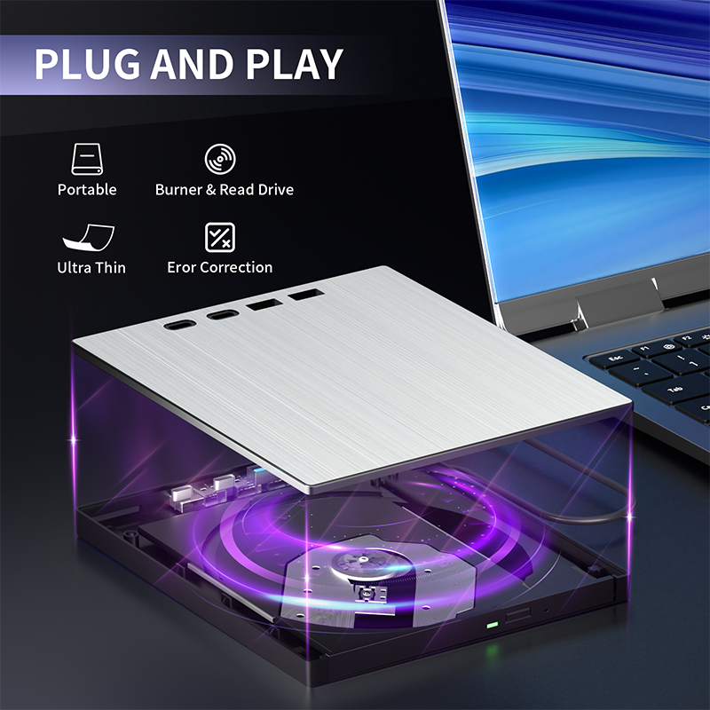 7-in-1 External CD/DVD Drive USB3.0 Type-C Portable CD DVD RW Player Reader Burner for Laptop PC Windows with SD TF Card Slots