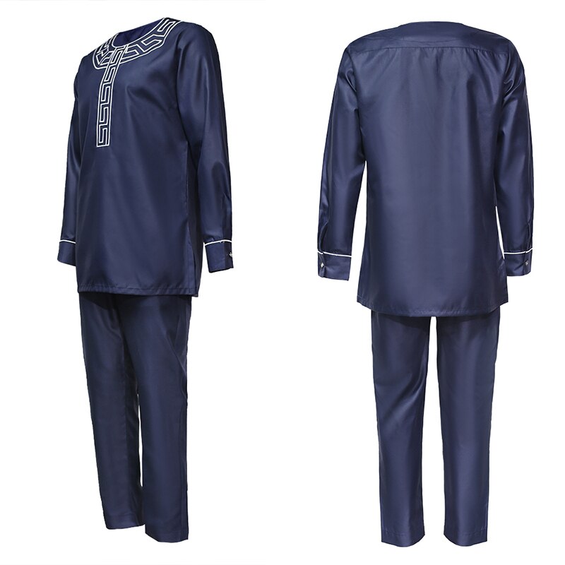 MD African Men Clothes Dashiki Embroidery Shirt Pants 2 Pieces Set Musulman Ensembles Bazin Riche Ankara Outfit PH8086