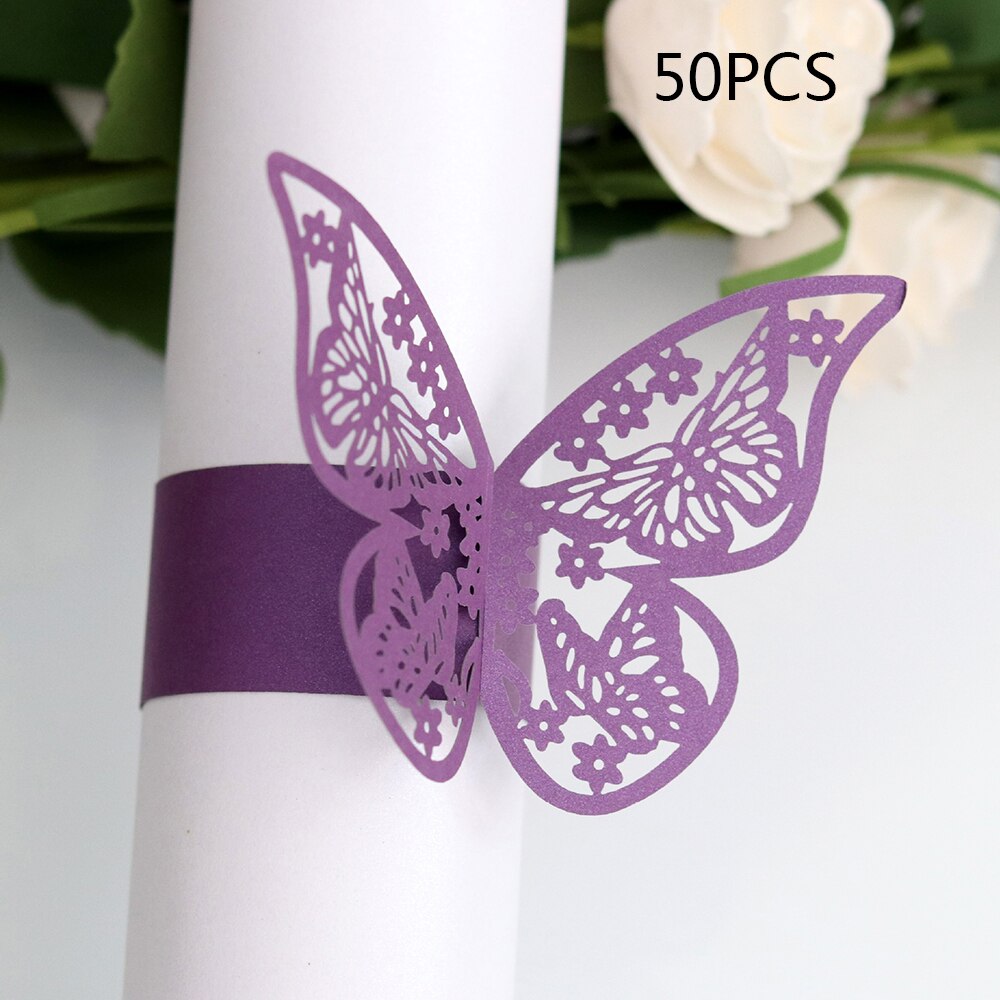 50 Stuks Jaar Hollow Papier Vlinder Servetringen Bruiloften Party Serviette Tafel Decoratie Gunst Voor Kerst: plum
