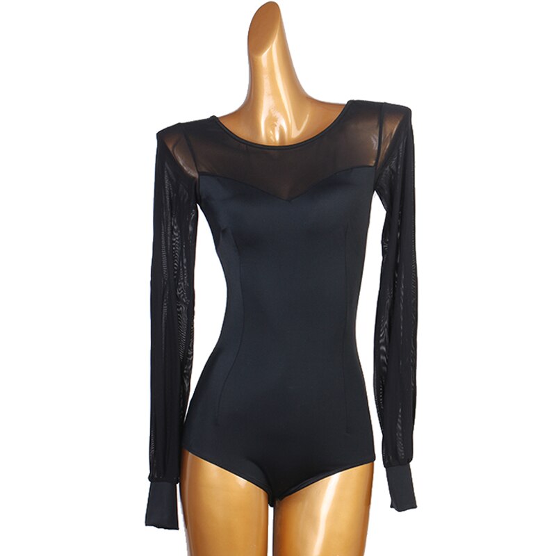 Body negro para baile latino, Tops de manga larga, traje de baile de salón con espalda de malla Sexy, ropa de práctica Social femenina: L