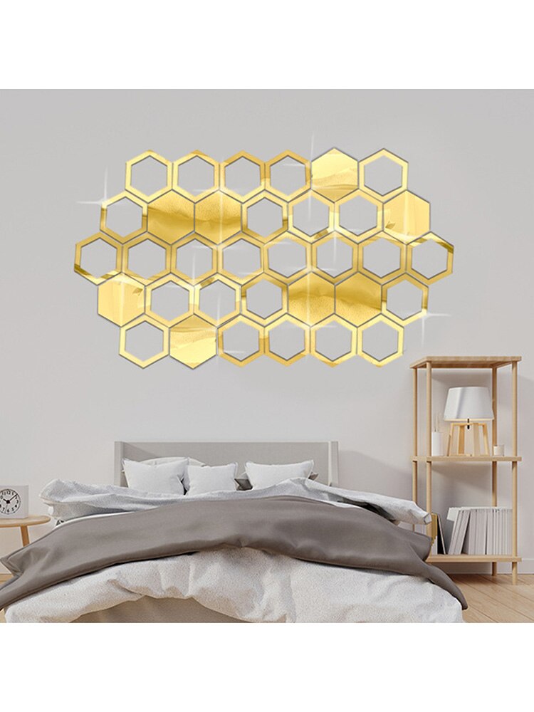 12PCS 3D Background Wall Honeycomb Hexagonal Acrylic Honeycomb Wall Sticker Mirror Self-adhesive Room Aisle Decorative Mirror