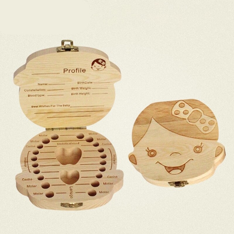 Wooden Baby Tooth Box Spanish/English/Dutch/Russian/French /Italian Wooden Milk Teeth Organizer Storage Boys Girls Baby Souvenir