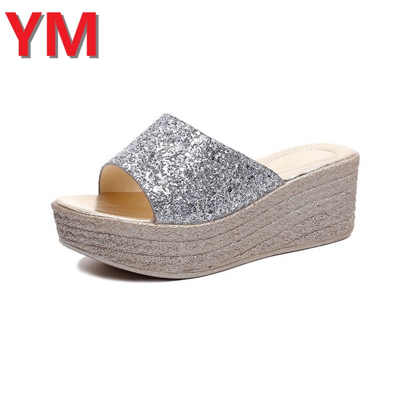 Zomer bling dames slippers rome retro casual schoenen dikke onderkant wig hak open teen sandalen strandschoenen slip on slides dames: Zilver / 35
