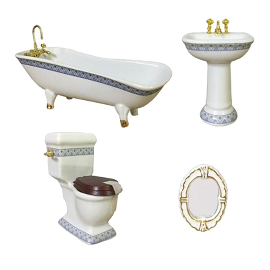 1:12 Miniature Bath Accessory Bathtub Toilet Sink Mirror, 4-Piece Dollhouse Bathroom Accessories, Dollhouse Decorations Kit